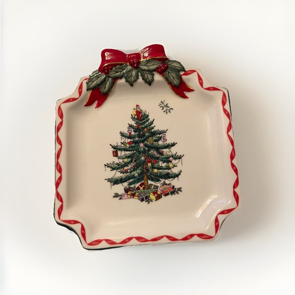 SPODE Christmas Tree Small Serving Tray Ribbons Square Platter 3536-65